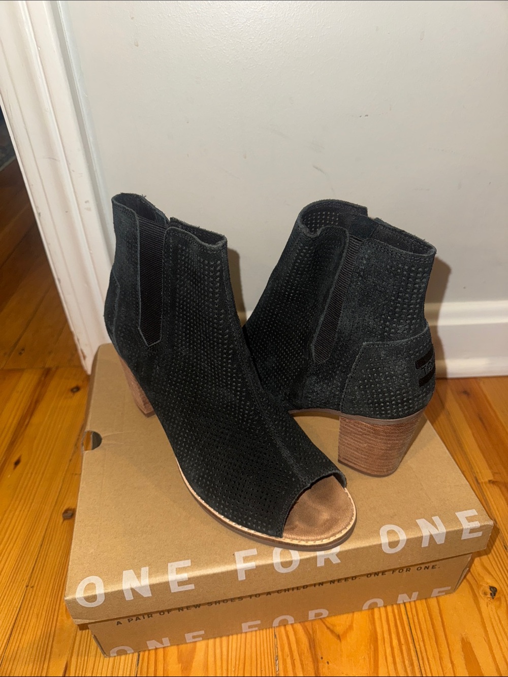 Toms Black Suede Peep-Toe Ankle Boots with Stacked Heel